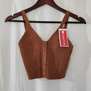 TOPSTYPE Button Front V-Neck Ribbed Tank Top in Orange-Brown Women’s Size M